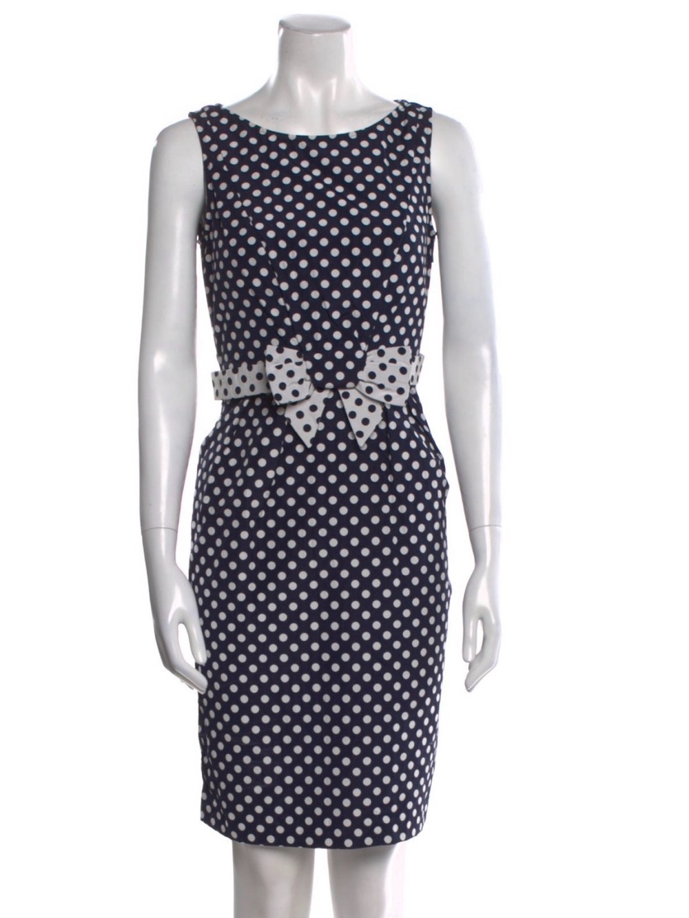 Sleeveless Navy and White Polka Dot Sheath Dress with Bow Waist